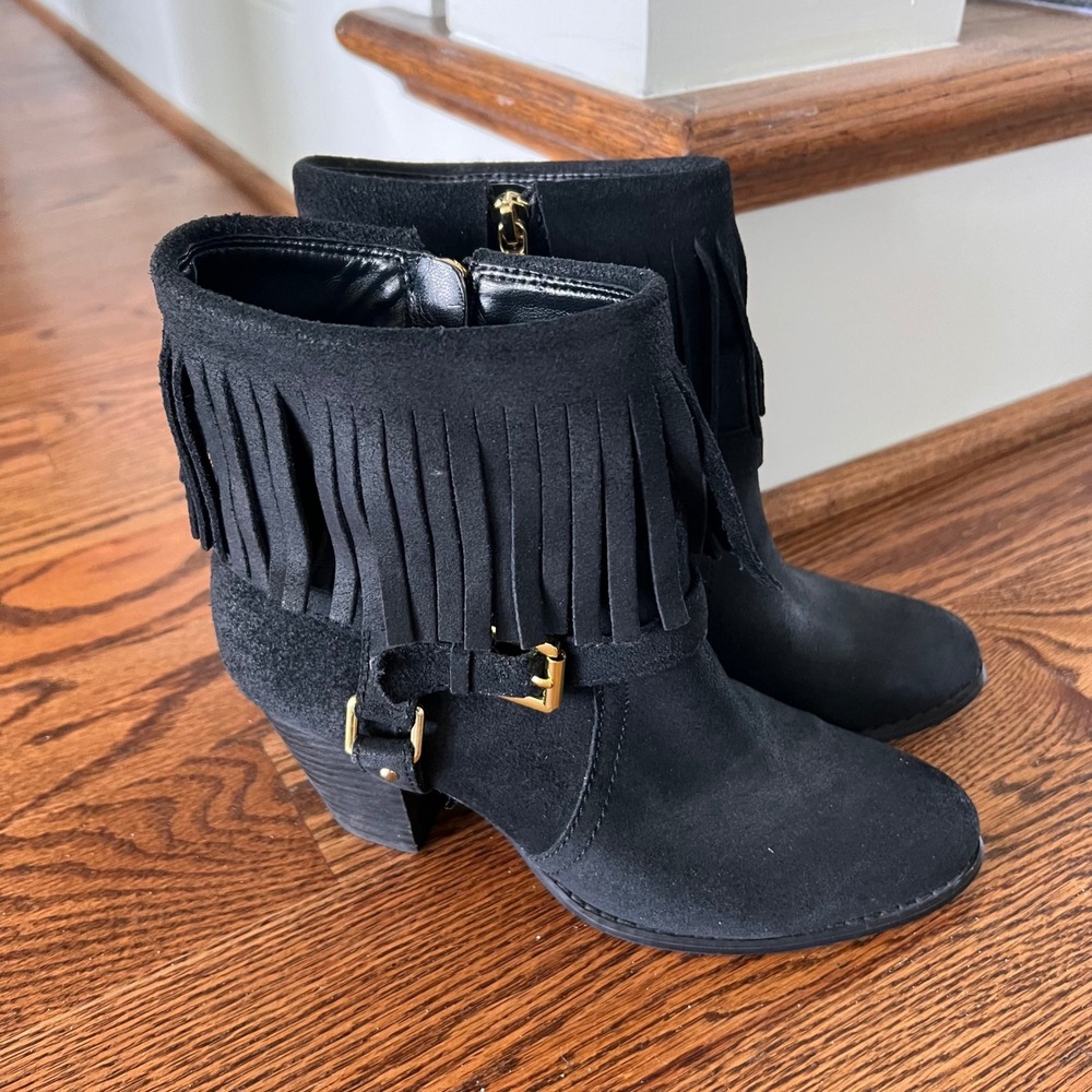 LRL Ralph Lauren Mara Black Suede Fringe Ankle Boots Gold Buckle 7.5B 11739 G14 - Picture 9 of 15